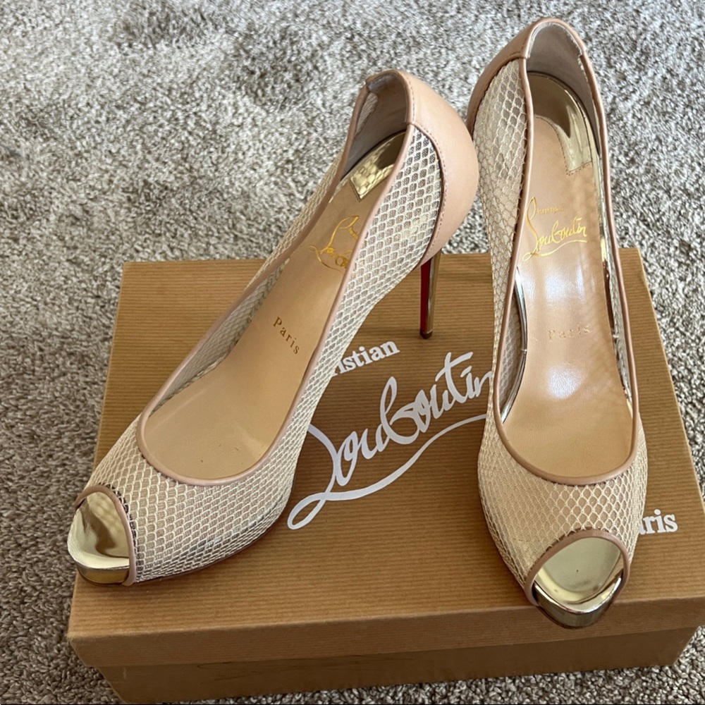 Christian Louboutin Nude Mesh Peep-Toe Heels